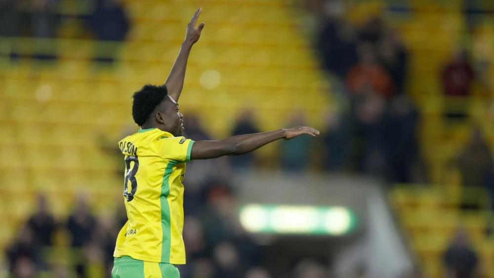 Norwich coach Johannes Hoff Thorup salutes match-winner Amankwah Forson